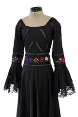 Beautiful 1960s Original Mexican Tourist Black Pin Tuck Dress w Hand Embroidered Flowers
