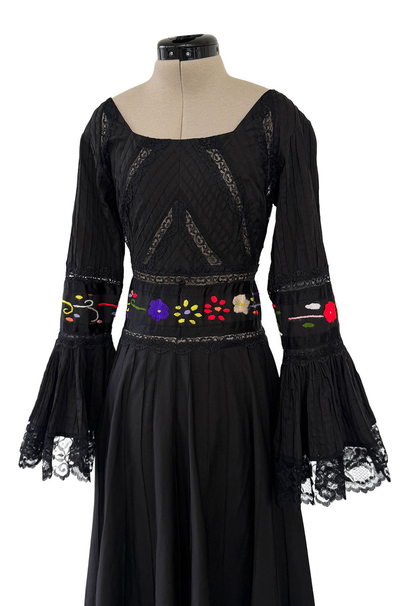 Beautiful 1960s Original Mexican Tourist Black Pin Tuck Dress w Hand E Shrimpton Couture Beautiful 1960s Original Mexican Tourist Black Pin Tuck Dress w Hand E Shrimpton Couture