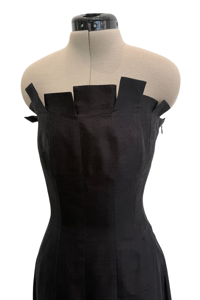 Fantastic c.1983 Thierry Mugler Black Raw Silk Vertical Panel Dress w Car Wash Hem & Silk Chiffon