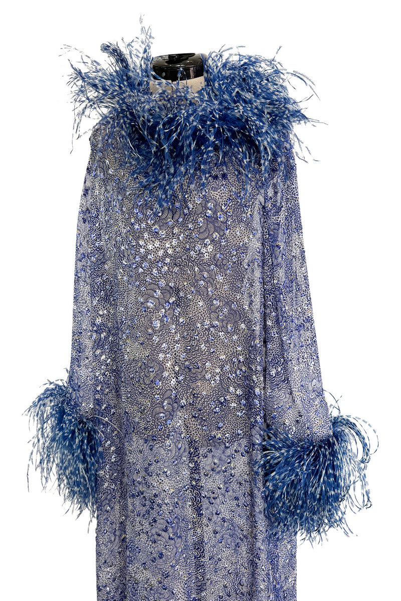 1970s Unlabeled Printed Silk Chiffon Dress w Gold & Silver Thread & Feather Collar & Cuffs