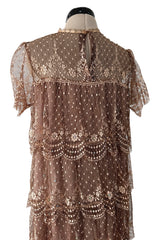 Prettiest 1960s Gold & Taupe Net Lace & Rhinestone Tiered Scalloped Edge Dress