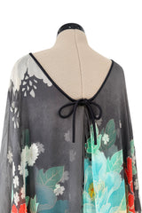 1970s Hanae Mori Silk Twill & Chiffon Caped Overlay Caftan Dress