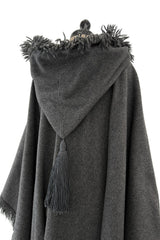 Phenomenal Fall 1977 Yves Saint Laurent Runway Deep Charcoal Grey Fringed Cape w Hood