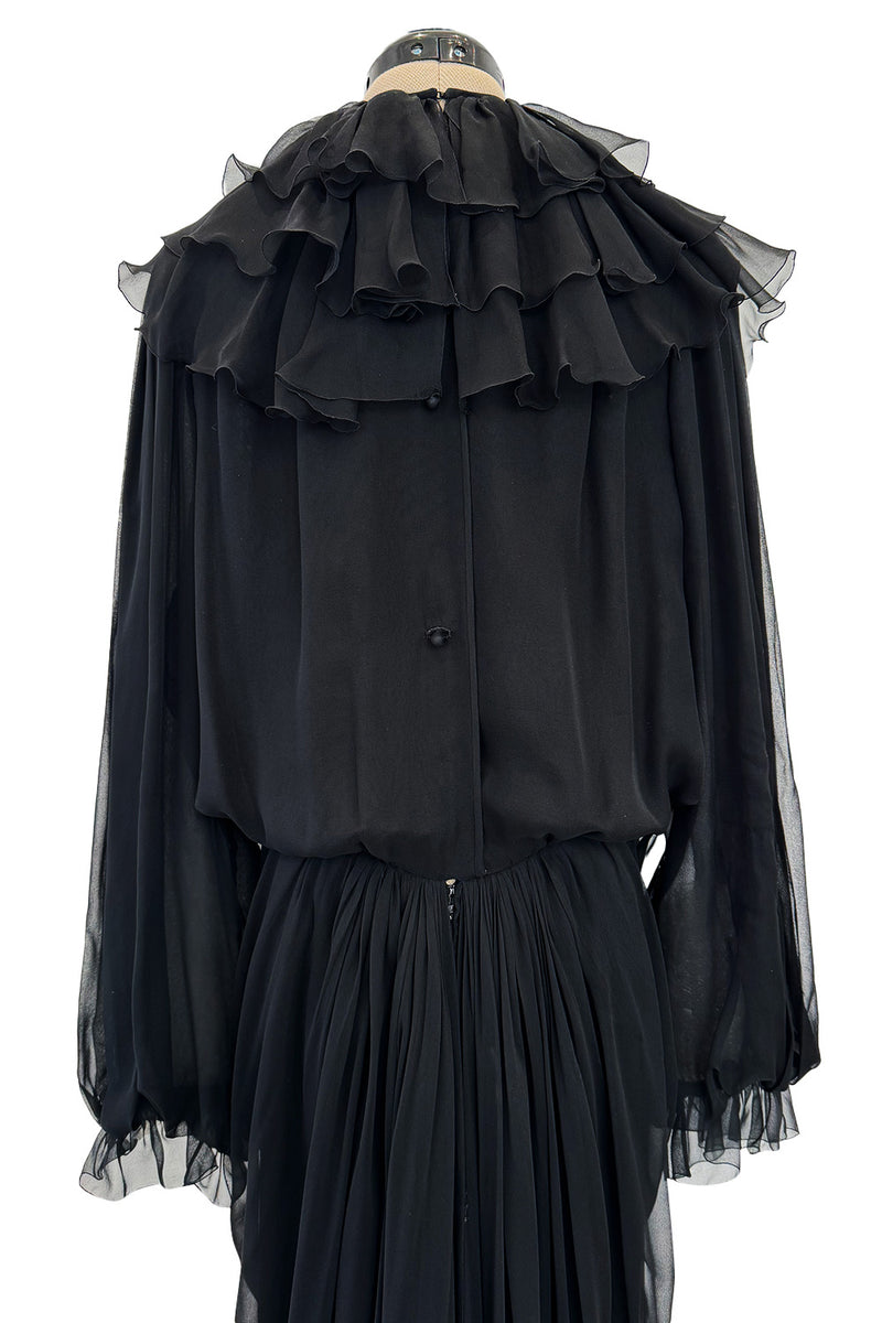 Superb Late 1970s James Galanos Multi Layer Black Silk Chiffon Dress w Removeble Ruffled Collar