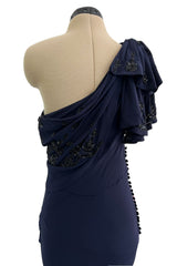 Spring 2008 Christian Dior by John Galliano Deep Blue Silk Chiffon One Shoulder Dress w Beading