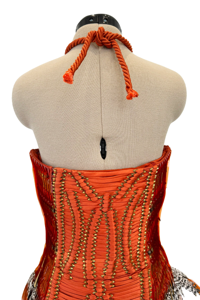 Iconic Spring 2011 Gucci by Frida Giannini Runway Look 41 Burnt Orange Silk Cord, Brass & Feather Dress