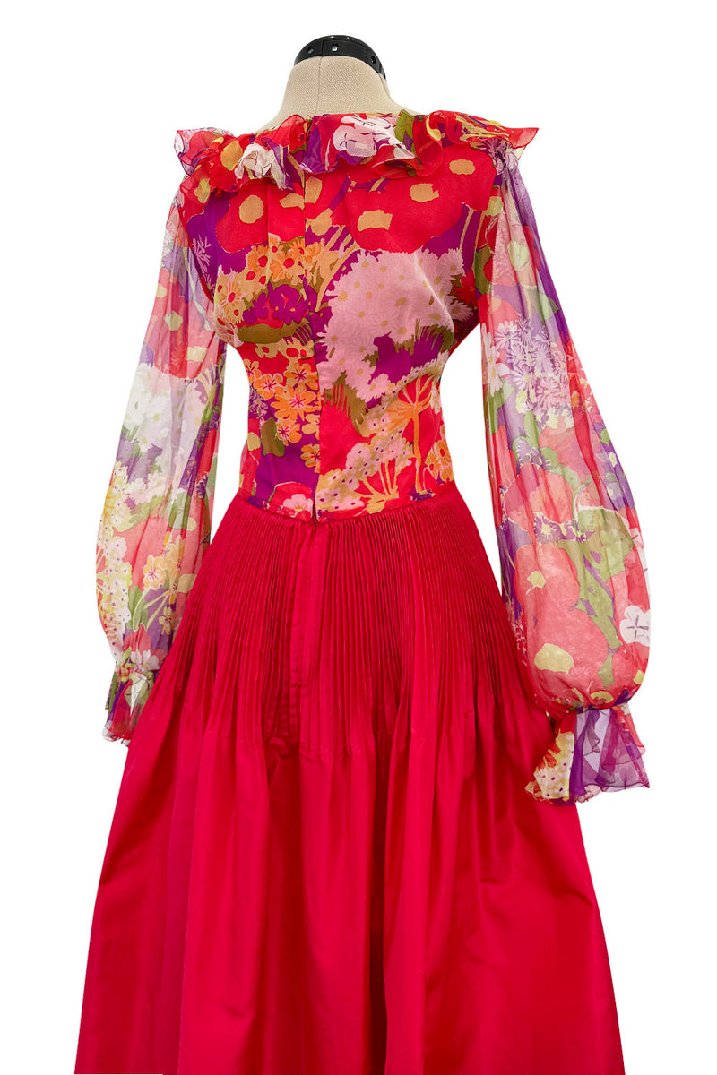 Incredible 1972 Yves Saint Laurent Red Floral Silk Chiffon & Red Silk Dress w Balloon Sleeves & Pleat Detailing