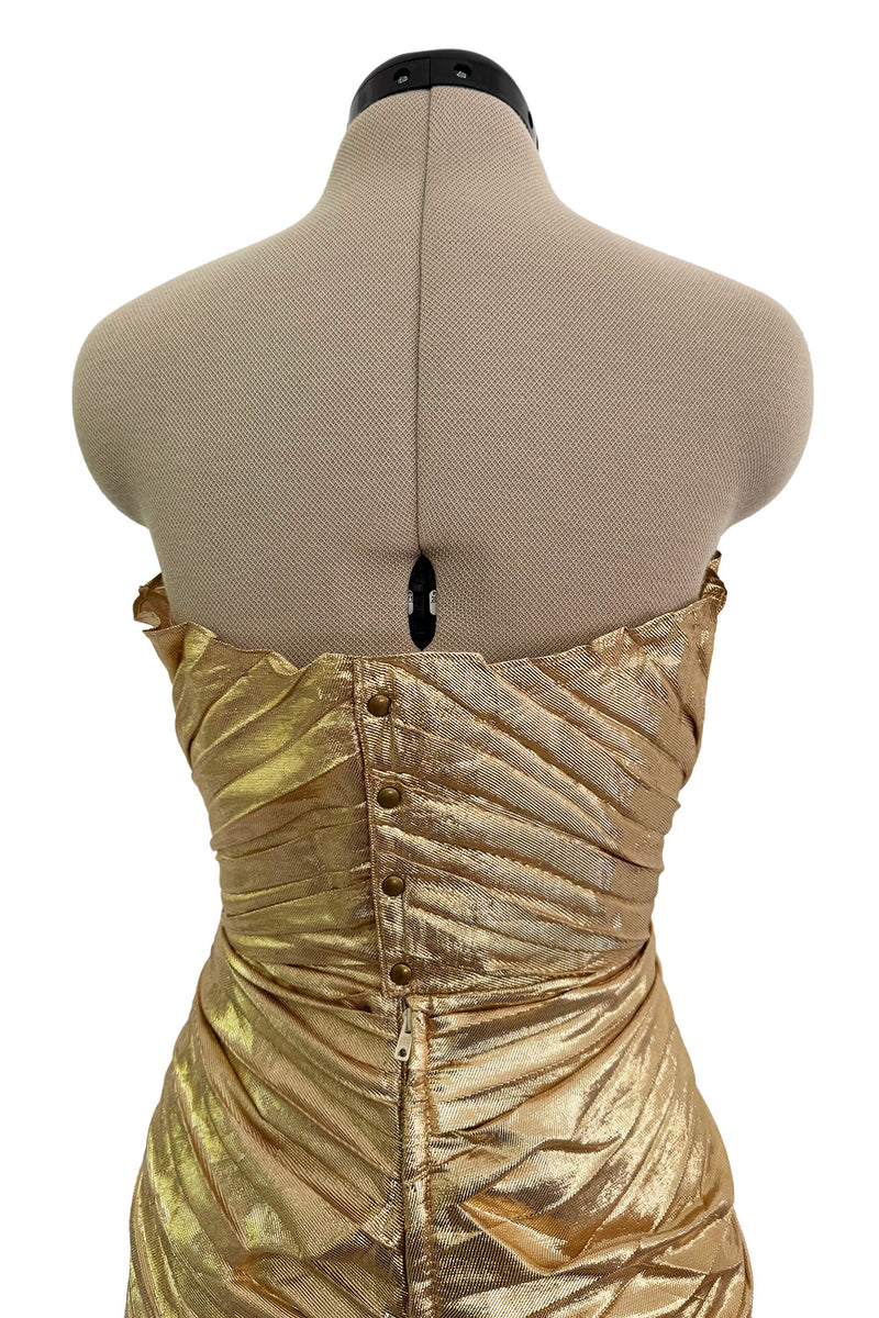 Outstanding Spring 1986 Thierry Mugler Pleated Metallic Gold Lurex Pleated Strapless Bodice 'Shell' Dress
