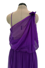 Spring 2001 Christian Dior by John Galliano Purple Silk Chiffon One Shoulder dress w Matching Pink & Red Floral Tie Belt