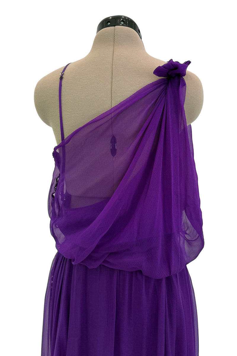 Spring 2001 Christian Dior by John Galliano Purple Silk Chiffon One Shoulder dress w Matching Pink & Red Floral Tie Belt