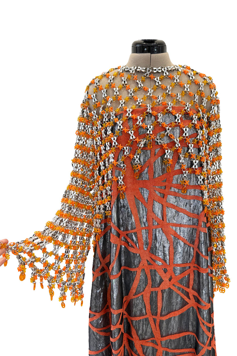 Ultra Rare 1990s Paco Rabanne Haute Couture Metallic Silver & Coral Dress w Chainlink Top & Headpiece