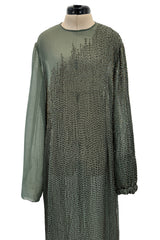 Prettiest Fall 1981 John Anthony Couture Moss Green Silk Chiffon Dress w Hand Beaded Detailing
