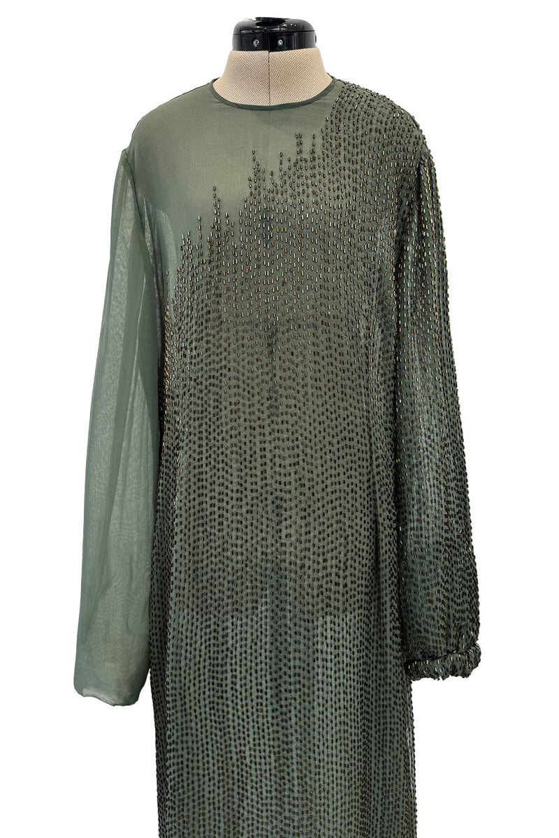 Prettiest Fall 1981 John Anthony Couture Moss Green Silk Chiffon Dress w Hand Beaded Detailing