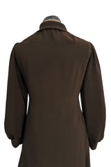 Elegant 1970s Madame Gres Haute Couture Chocolate Brown Day Dress w Full Sleeves & Collar