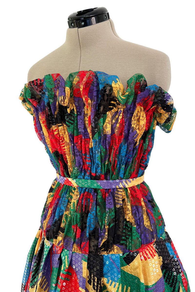 Incredible 1980s Arnold Scaasi Couture Brilliant Multi Colour Net & Vivid Sequin Covered Dress