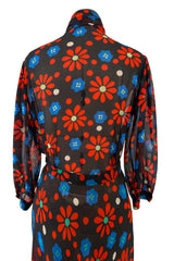 Outstanding Spring 1974 Yves Saint Laurent Floral Print Silk Chiffon Top & Skirt Set