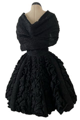 Exceptional Spring 1988 Christian Lacroix Demi-Couture Luxe Label Black Pouf Dress w Attached Shoulder Piece
