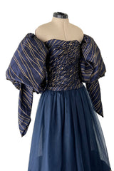 Very Rare Fall 1986 Chanel by Karl Lagerfeld Blue & Gold Strapless w Removable Sleeves
