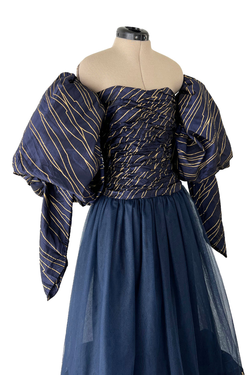 Very Rare Fall 1986 Chanel by Karl Lagerfeld Blue & Gold Strapless w Removable Sleeves