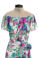 Prettiest Spring 1980 Yves Saint Laurent Floral Cotton Gauze Wide Shoulder Dress w Matching Tie Belt