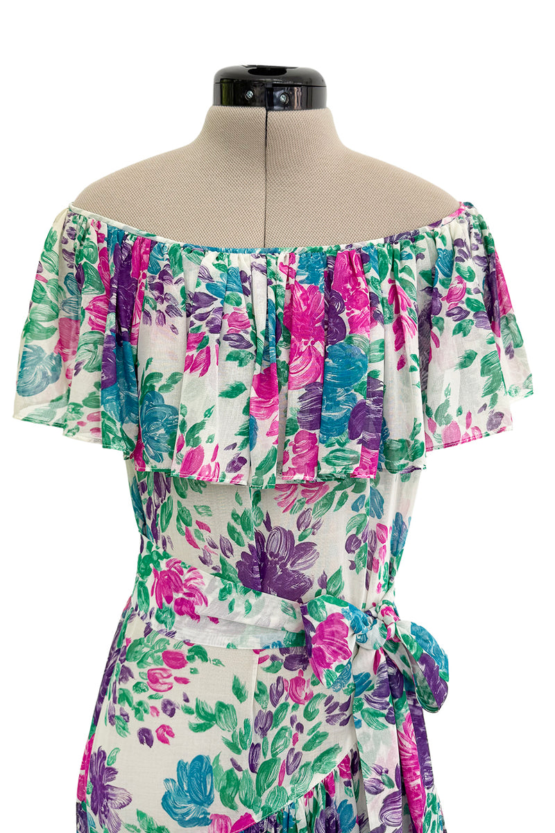 Prettiest Spring 1980 Yves Saint Laurent Floral Cotton Gauze Wide Shoulder Dress w Matching Tie Belt