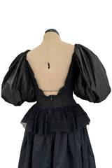 Romantic 1980s Oscar de la Renta Backless Black Silk & Lace Dress w Killer Pouf Sleeves