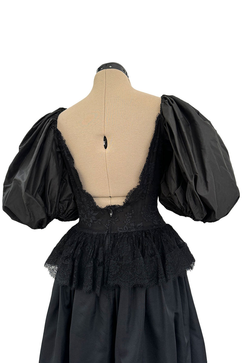 Documented Resort 1978 Oscar de la Renta Backless Black Silk & Lace Dress w Full BalloonmSleeves