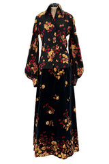 Incredible c. 1972 Original Valentino Three Piece Acorn Print Silk Top, Velvet Skirt & Jacket Set