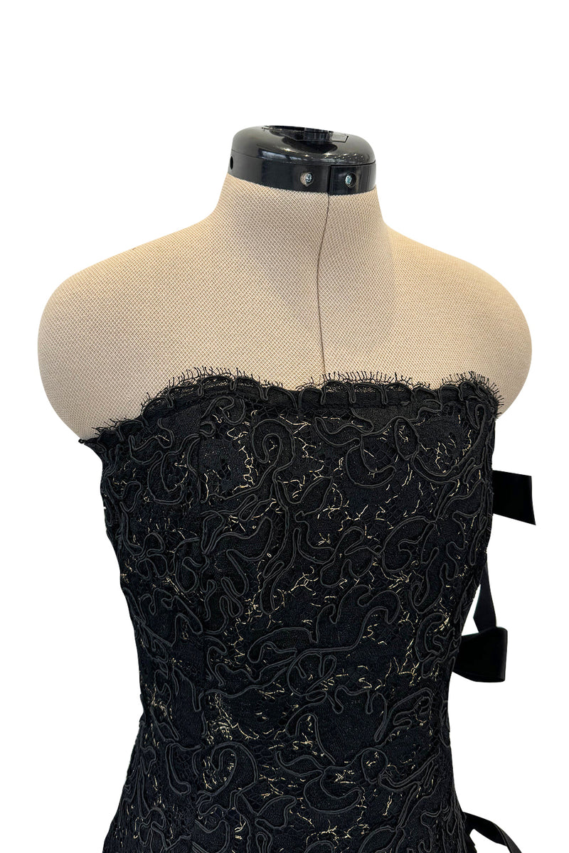 Fall 1998 Yves Saint Laurent Black Strapless Gold & Black Cord Dress w Side Bows