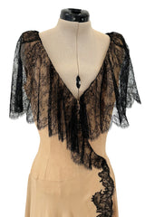 Spectacular Fall 1988 John Anthony Bias Cut Taupe Silk Chiffon Wrap Dress w Hand Made Lace Detailing