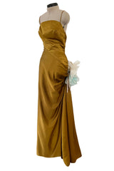 Stunning 1968 Mr Blackwell Custom Deep Copper Gold Silk Dress w Hip Swag & Flower Pin