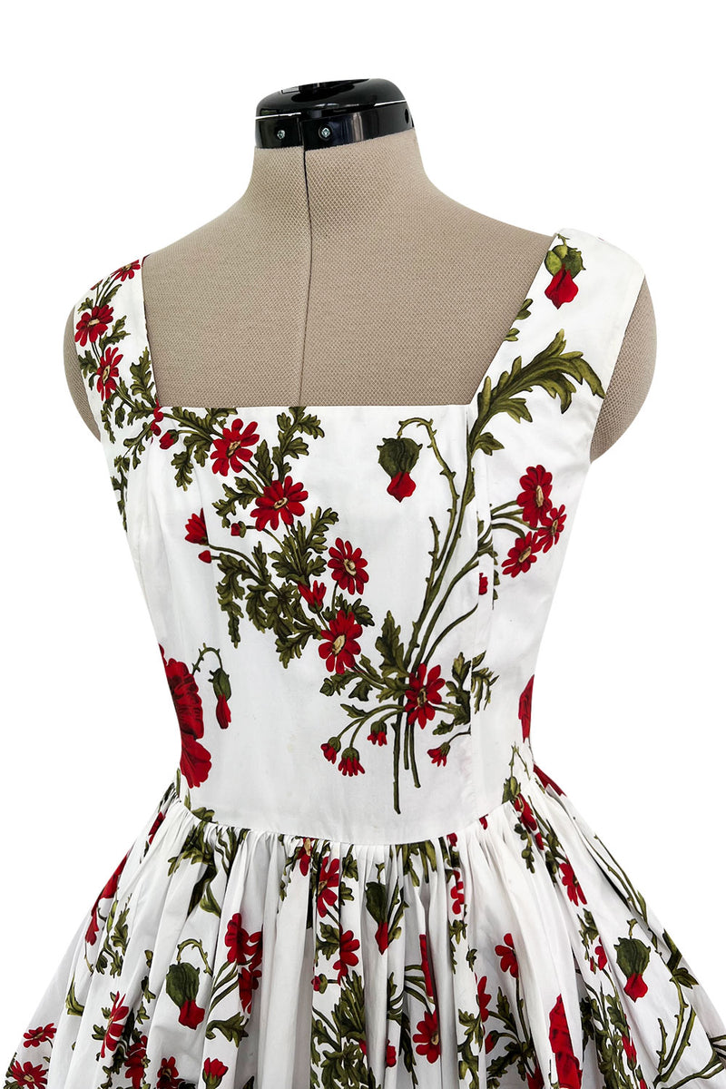 Pretty Spring 2019 Alexander McQueen by Sarah Burton Crisp White Cotton & Red Floral Print Dress