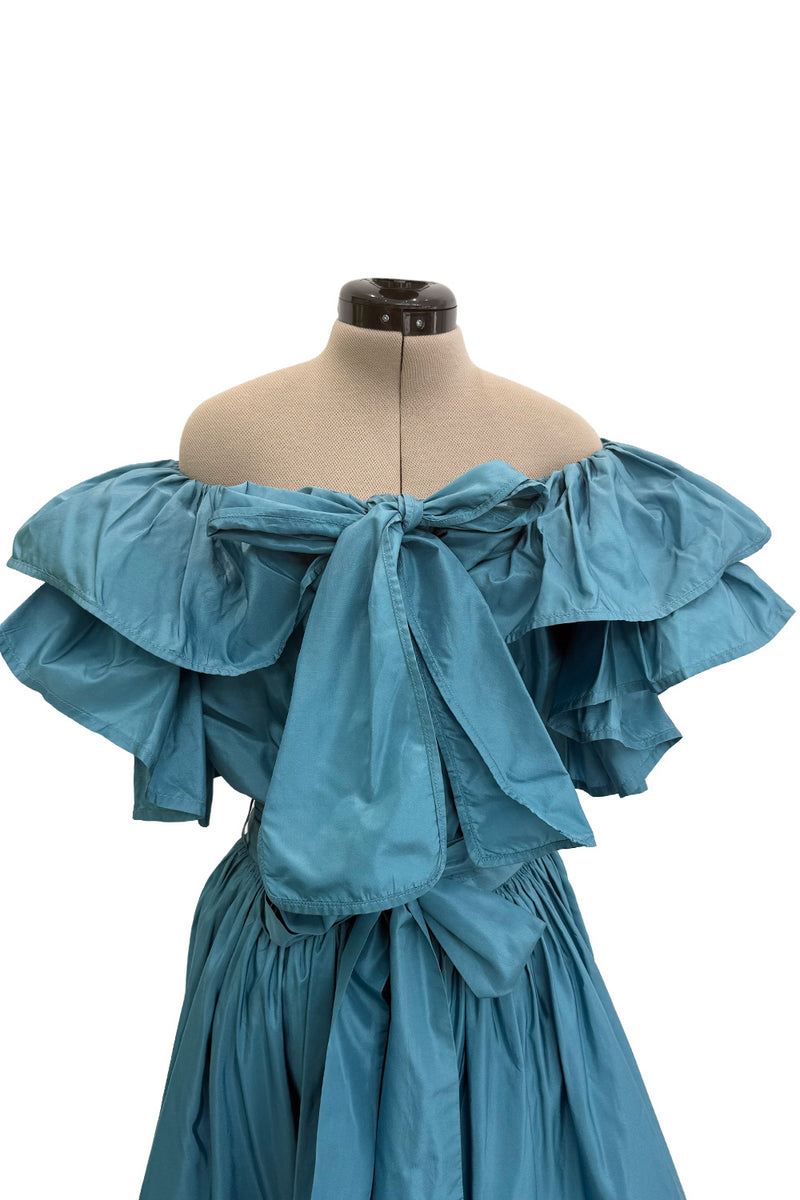 Spectacular 1970s Yves Saint Laurent Deep Turquoise Blue Silk Off Shoulder Fuffled Top & Matching Skirt Set