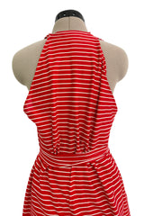 Chic & Minimalist Resort 1974 Halston Vogue Documented Red & White Striped Cotton Plunge Dress Dress