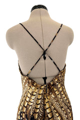 Gorgeous Spring 2005 Roberto Cavalli Black & Gold Feather Print Bias Cut Silk Dress w Open Criss Cross Back