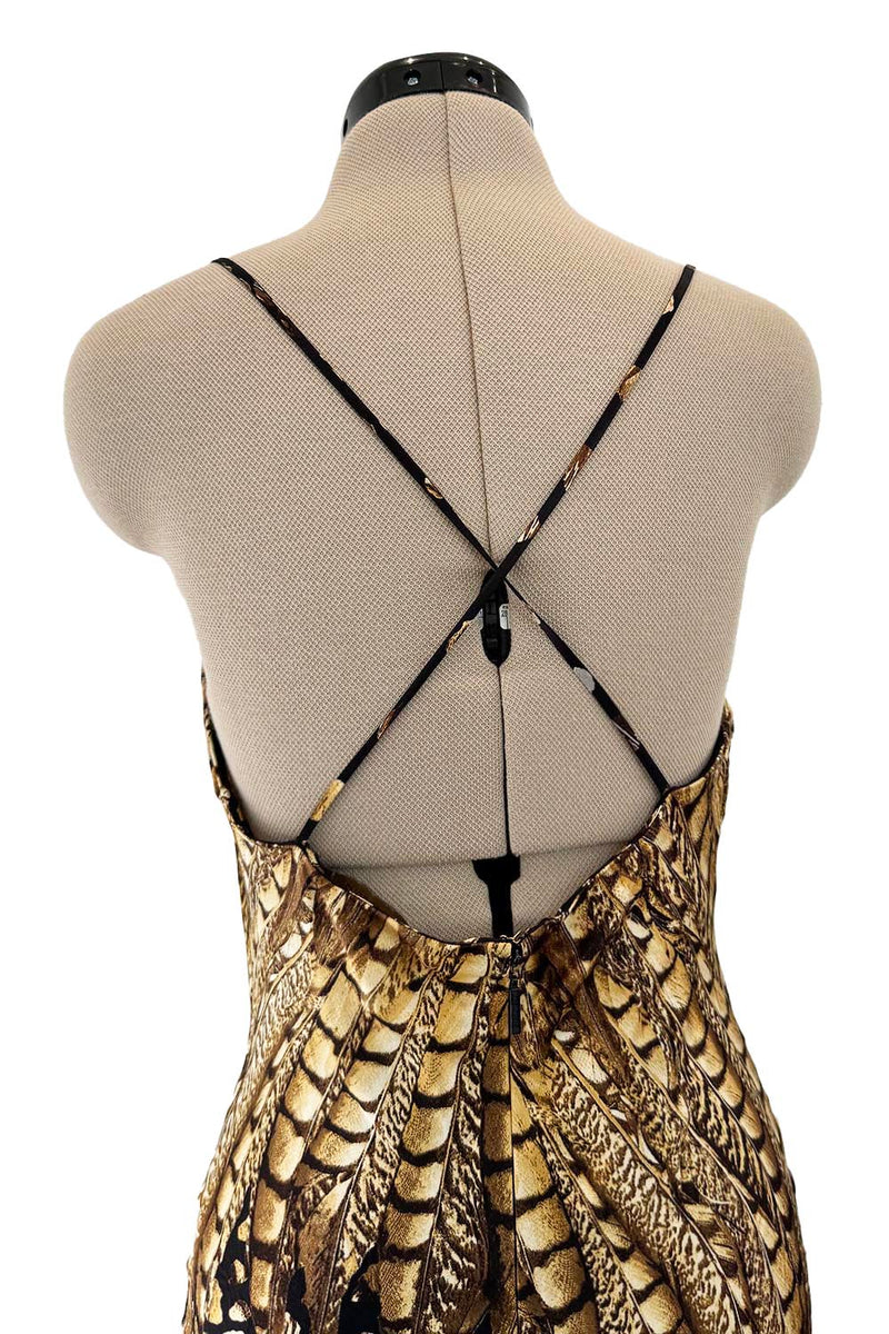 Gorgeous Spring 2005 Roberto Cavalli Black & Gold Feather Print Bias Cut Silk Dress w Open Criss Cross Back