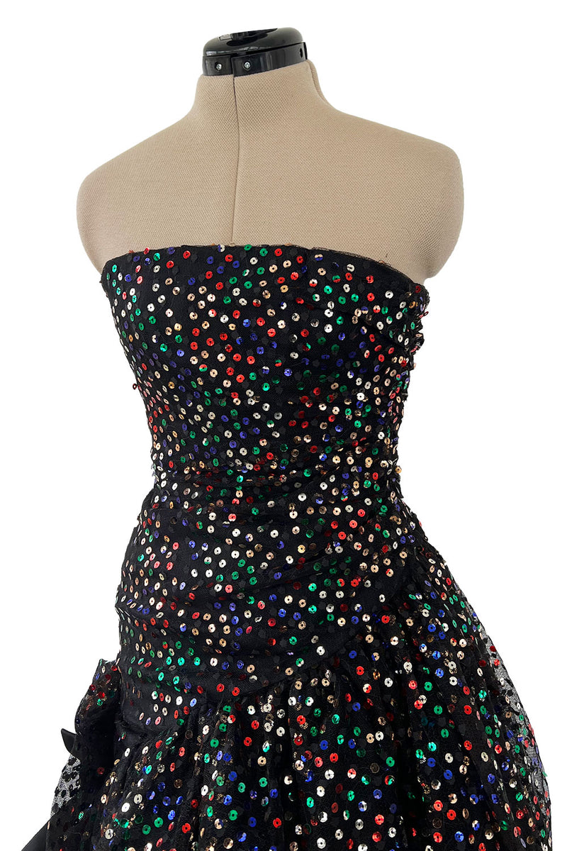 Gorgeous 1980s Arnold Scaasi Black Net Dress w Multi Colour Sequins & Asymmetrical Skirt