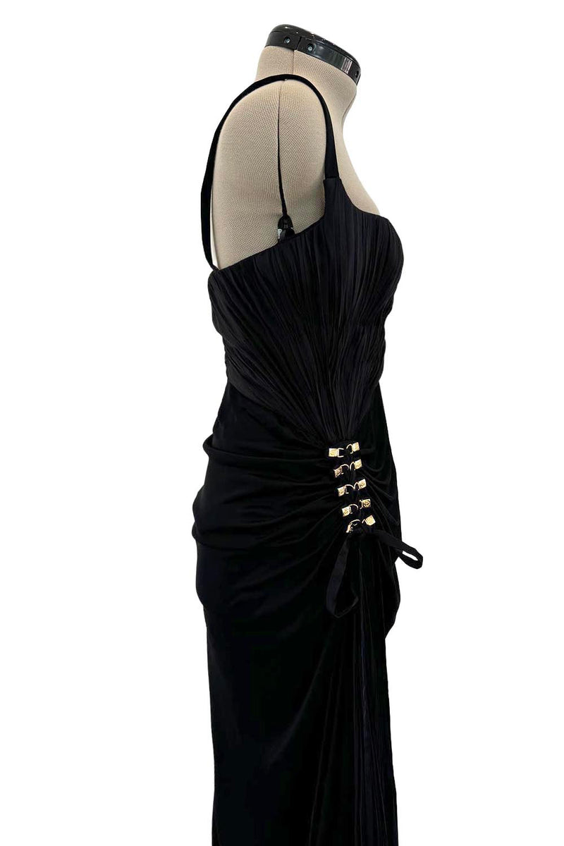 Outstanding Spring 2006 Roberto Cavalli Black Silky Jersey Corset Bodice Dress w Gold Hardware Detailing