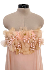 Prettiest 1960s Unlabeled Pale Pink Strapless Dress w Silk Chiffon & Flower Detailed Bodice