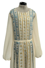 1970s Lanvin by Jules-Francois Crahay Couture Ivory Silk Chiffon & Floral Silk Ribbon Dress