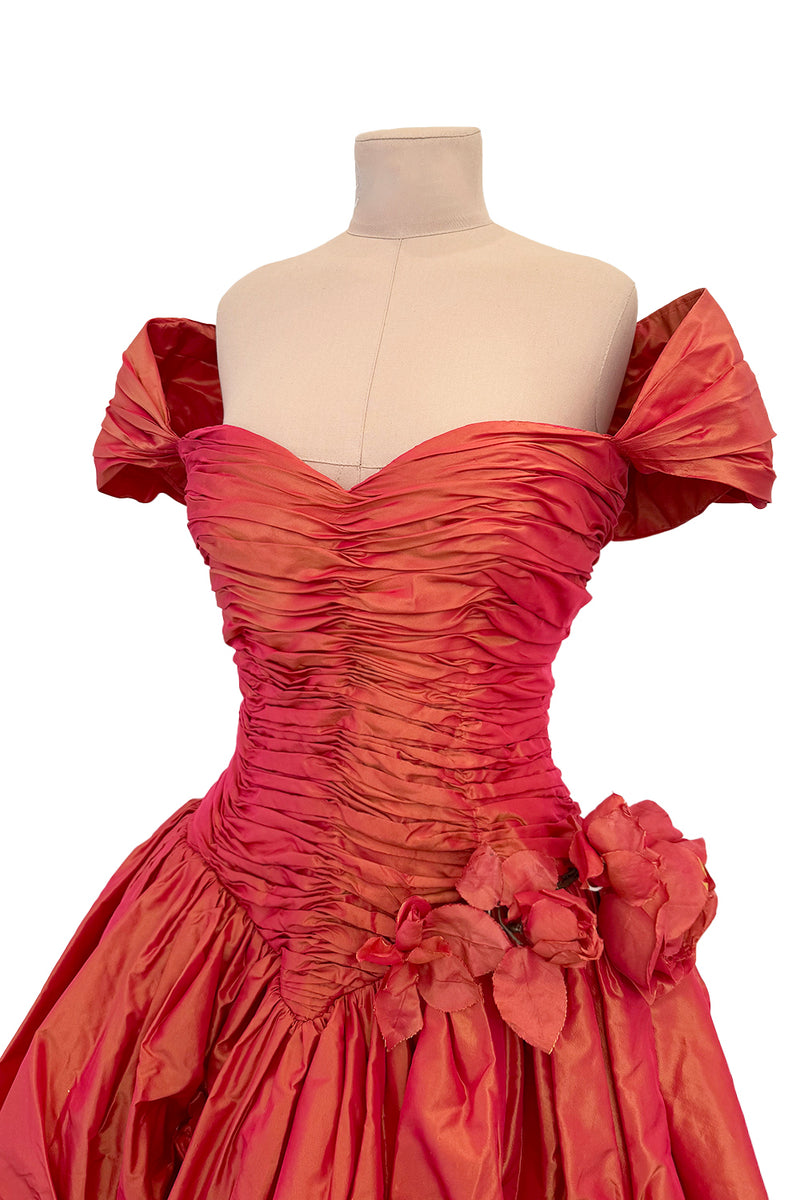 Romantic 1980s Loris Azzaro Irridescent Soft Coral Silk Taffeta Dress w Rosette Floral Detail