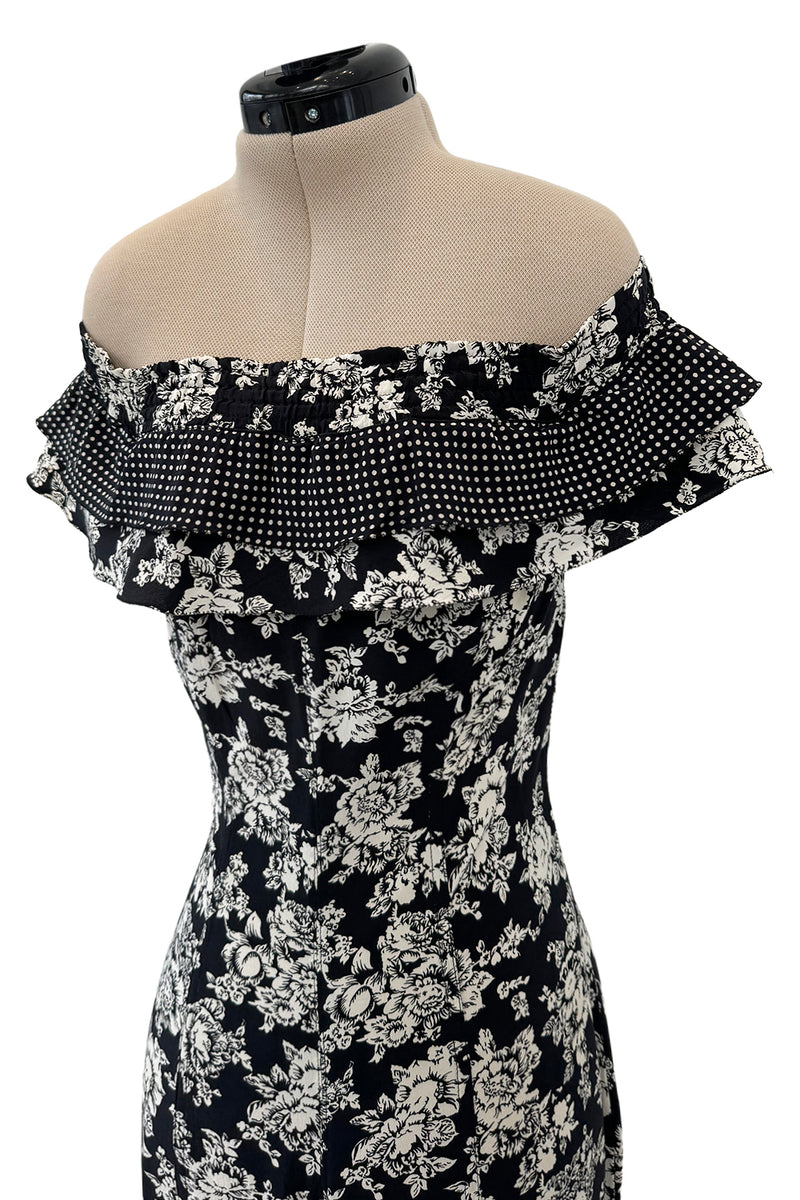 Ultra Rare Spring 1993 Versace by Gianni  Versace Silk Black & White Printed Off Shoulder Bell Bottom Jumpsuit