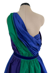 Spectacular 1970s Givenchy One Shoulder Silk Dress w Brilliant Blue, Deep Purple & Emerald Green Panels
