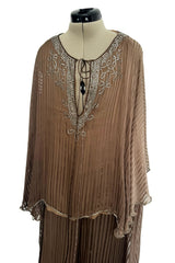 Amazing 1970s Unlabelled Feather Light Graduated Silk Ribbon Chiffon Cape Top & Wide Leg Pant Set