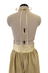 1981 Bill Tice Gold Metallic Backless Jumpsuit w Wide Balloon Legs