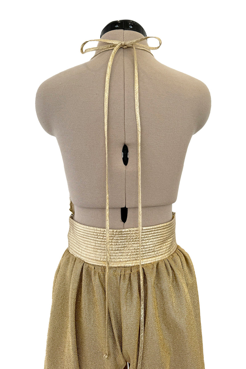 1981 Bill Tice Gold Metallic Backless Jumpsuit w Wide Balloon Legs