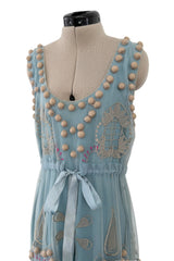 Prettiest Vintage Unlabeled Dusty Pale Blue Net Applique & Embroidered Dress w Ribbon Waist Tie