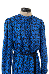 Divine Fall 1979 Yves Saint Laurent True Haute Couture Blue Silk Harlequin Print Dress w Ruffled Cuffs