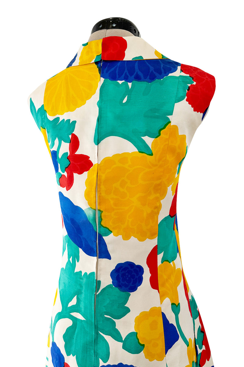 Happiest 1960s James Galanos Bright Floral Print Silk Dress w Pleated Skirt & Rounded Collar