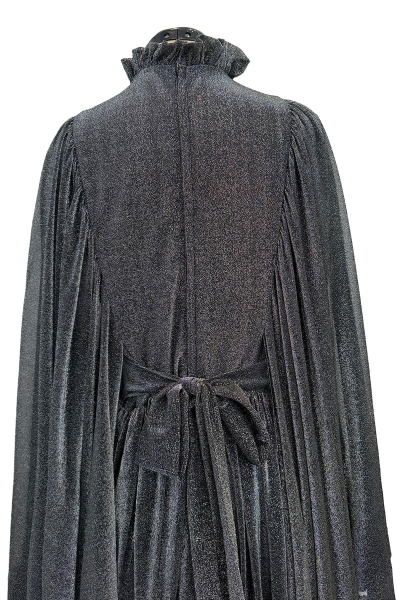 Spectacular 1970s Gina Fratini Metallic Deep Silver Lame Dress w Ruffle Collar &  Angel Sleeves